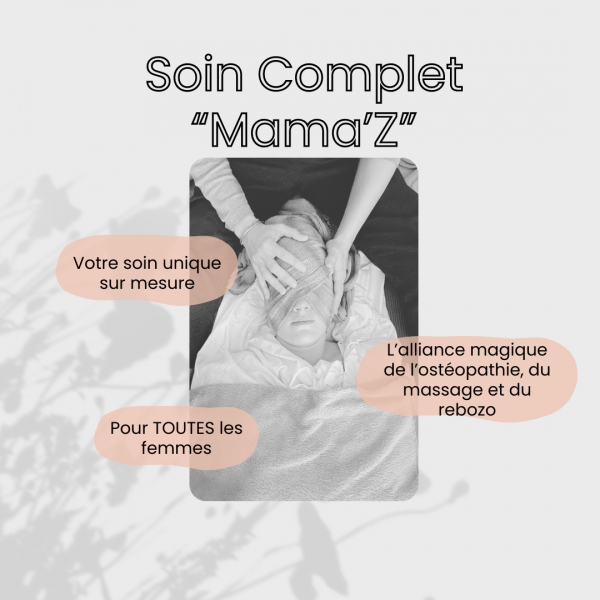 flyer soin "Mama'z". Femme massant le visage d'une autre femme dont les yeux sont recouverts d'un rebozo